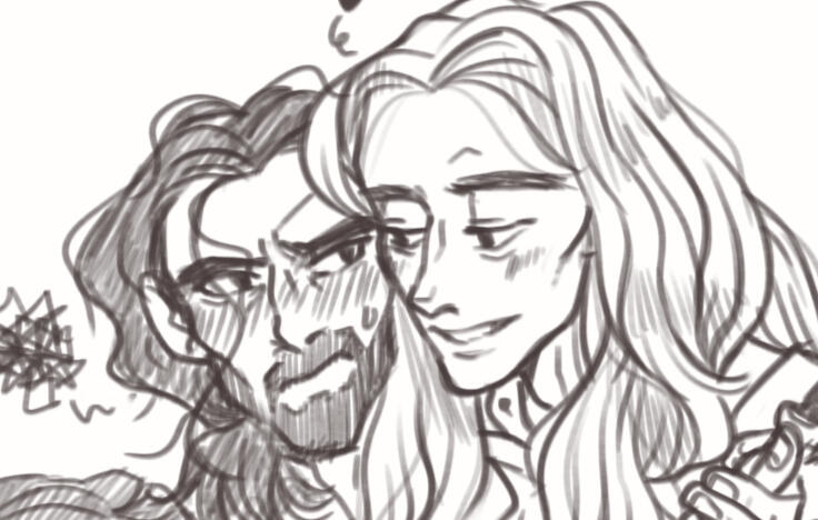 cropped example of a black and white sketch. it shows two people gazing into each others' eyes.
