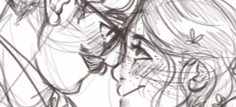 cropped example of a black and white sketch. it shows two people gazing into each others' eyes.